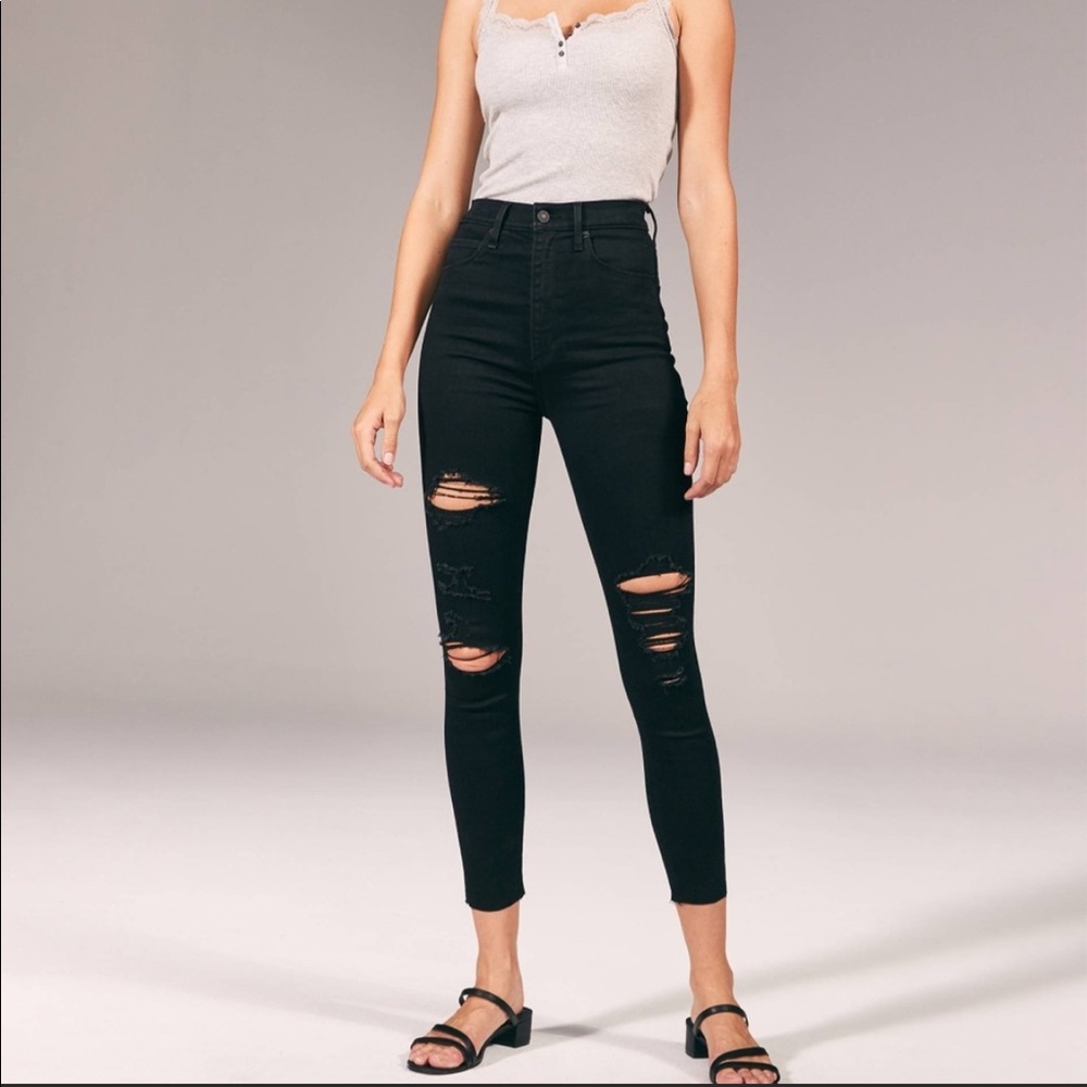 Ultra High Rise Super Skinny Ankle Jeans in Black Distressed